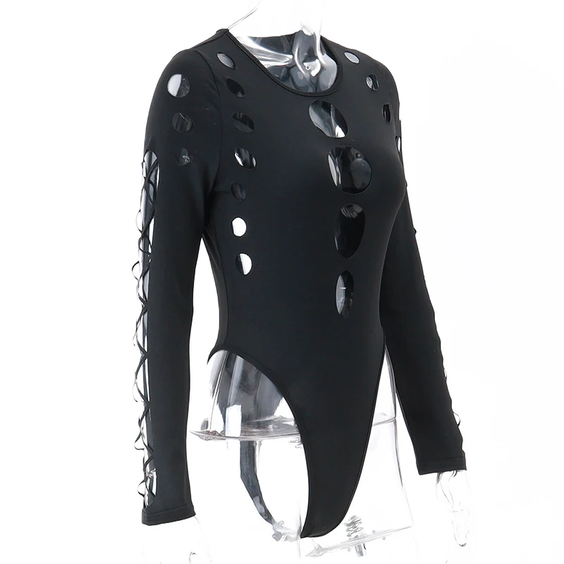 Xeemilo Sexy Dot Hollow Out Bodysuit Y2K Gothic Punk Long Sleeves Bodycon T-shirt Women Autumn Streetwear Slim Bodice Bodysuits
