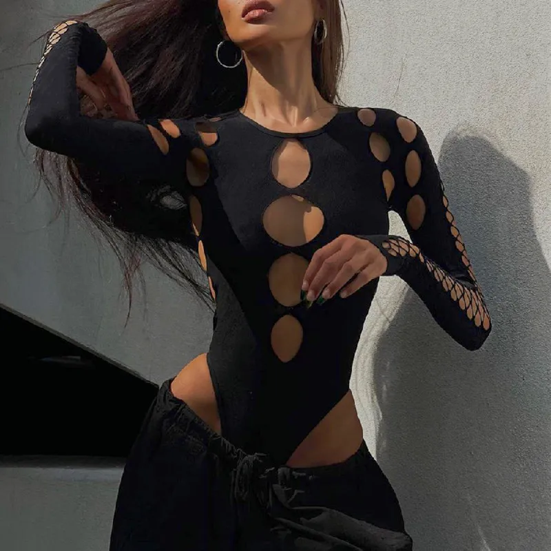 Xeemilo Sexy Dot Hollow Out Bodysuit Y2K Gothic Punk Long Sleeves Bodycon T-shirt Women Autumn Streetwear Slim Bodice Bodysuits