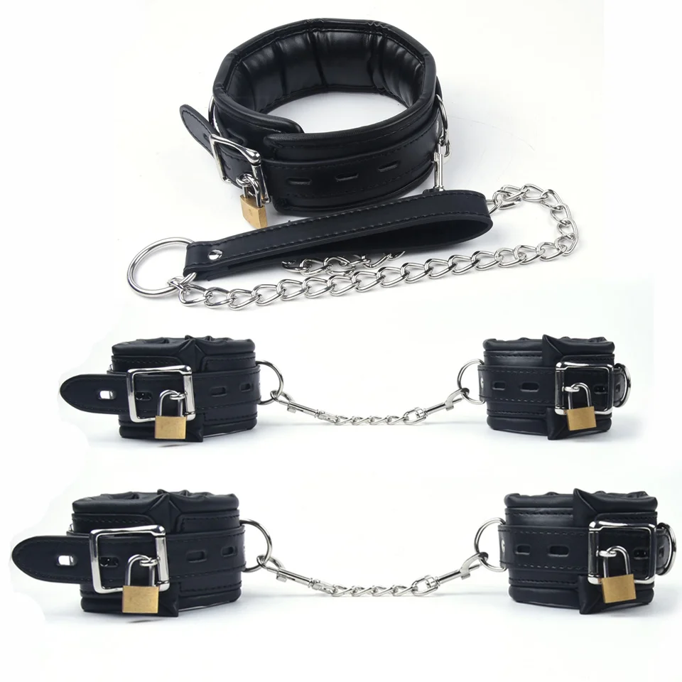 Algemas de esponja de couro preto para sexo tornozelo algemas bondage com bloqueio de corrente restrições brinquedos sexuais para jogos adultos bdsm bondage conjunto