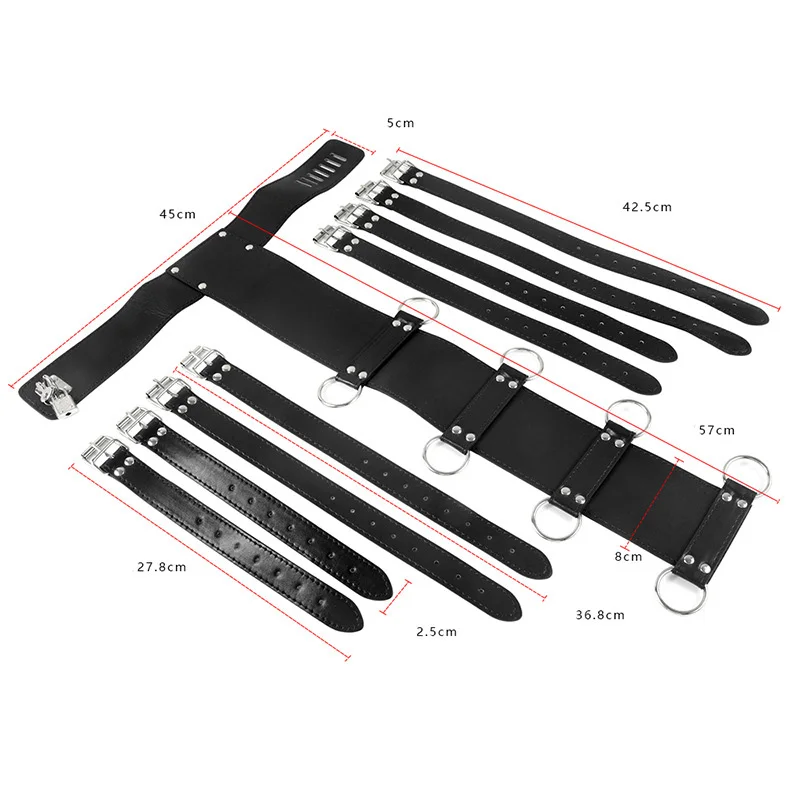 Cinto preto BDSM Bondage, Couro de corpo inteiro, Correias de retenção, Mão atrás das costas, Braço Bondage, Mangas de luva ligante, Atadura Sexual