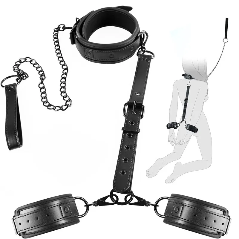 Pescoço a pulso bdsm bondage sexo restrições kit casais brinquedos sexuais conjunto de bondage com corrente trela volta algema colar escravo role play