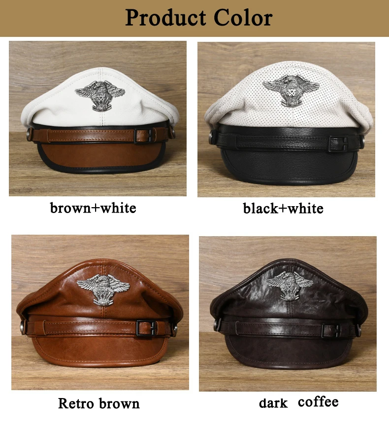 Bonés militares de couro genuíno para homens, chapéus Flat Top, capitão alemão, locomotiva retrô Chapeau, europeu e americano, novos