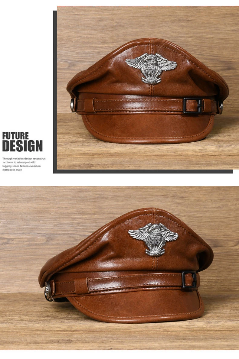 Bonés militares de couro genuíno para homens, chapéus Flat Top, capitão alemão, locomotiva retrô Chapeau, europeu e americano, novos