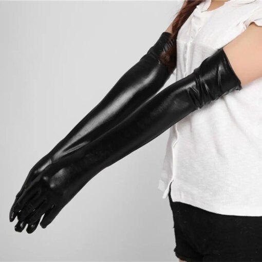 Luvas Longas Pretas Sexy de Couro Sintético - Imagem 6