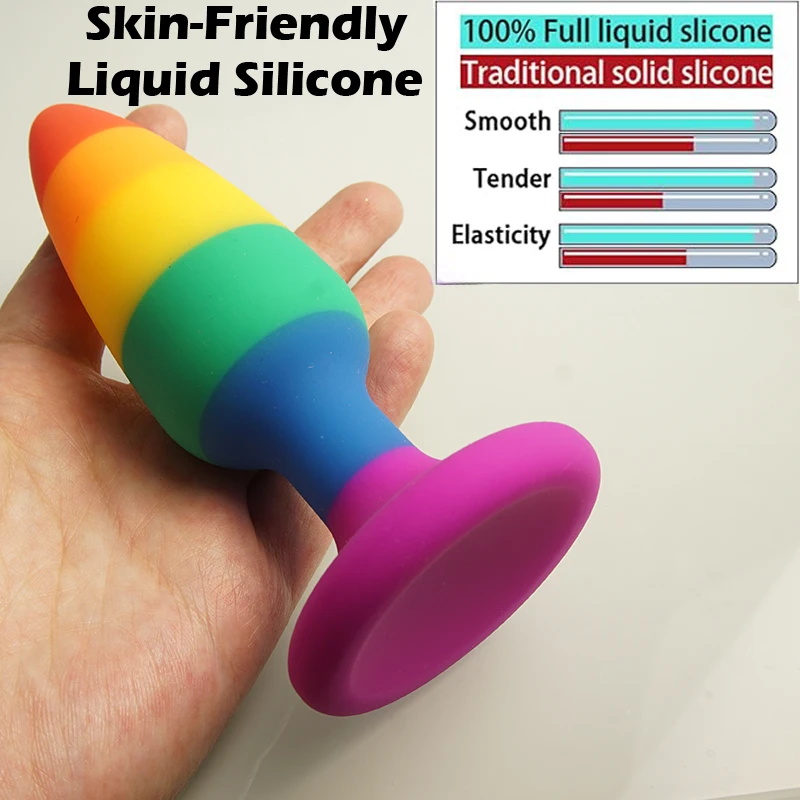 Plugues anal de cores arco-íris, plugue anal de silicone líquido com base de ventosa, brinquedos sexuais, plugue anal buttplug