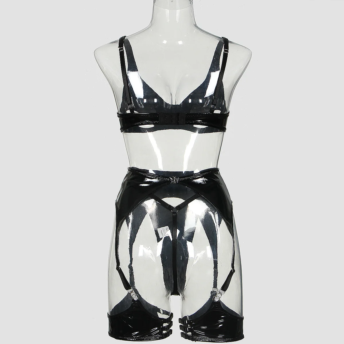 Ellolace fetiche pvc lingerie sissy cup out sutiã de couro pu roupa interior sensual sem censura látex push up roupas exóticas com liga
