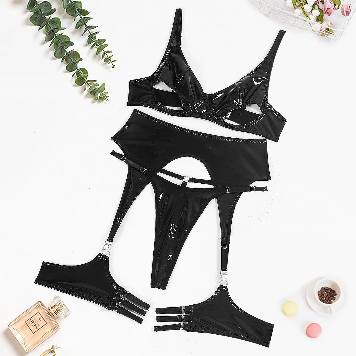 Ellolace fetiche pvc lingerie sissy cup out sutiã de couro pu roupa interior sensual sem censura látex push up roupas exóticas com liga