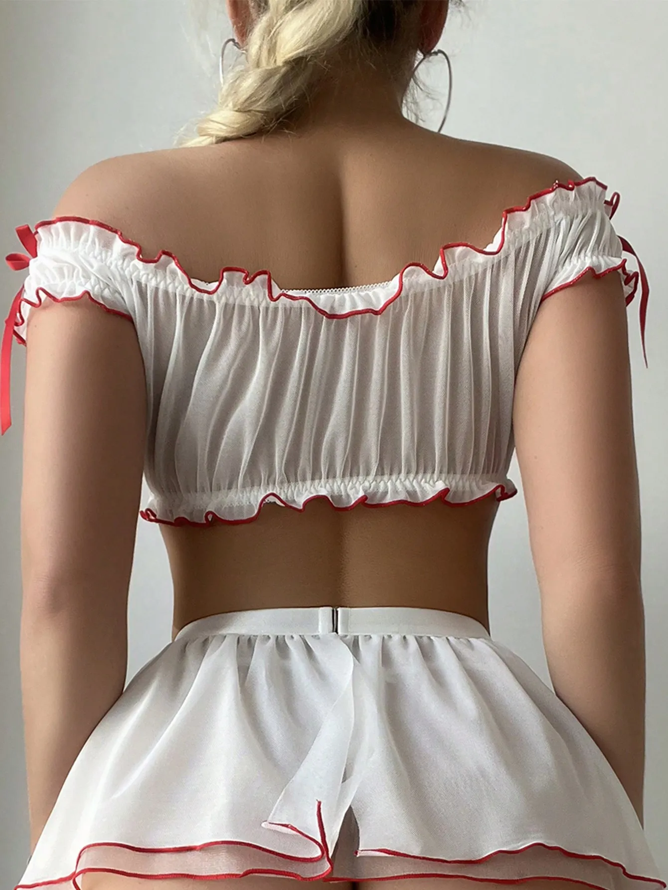 Ellolace enfermeira cosplay conjunto sexy lingerie babados fora do ombro erótico role play outfit ver através de tule conjunto lingeries