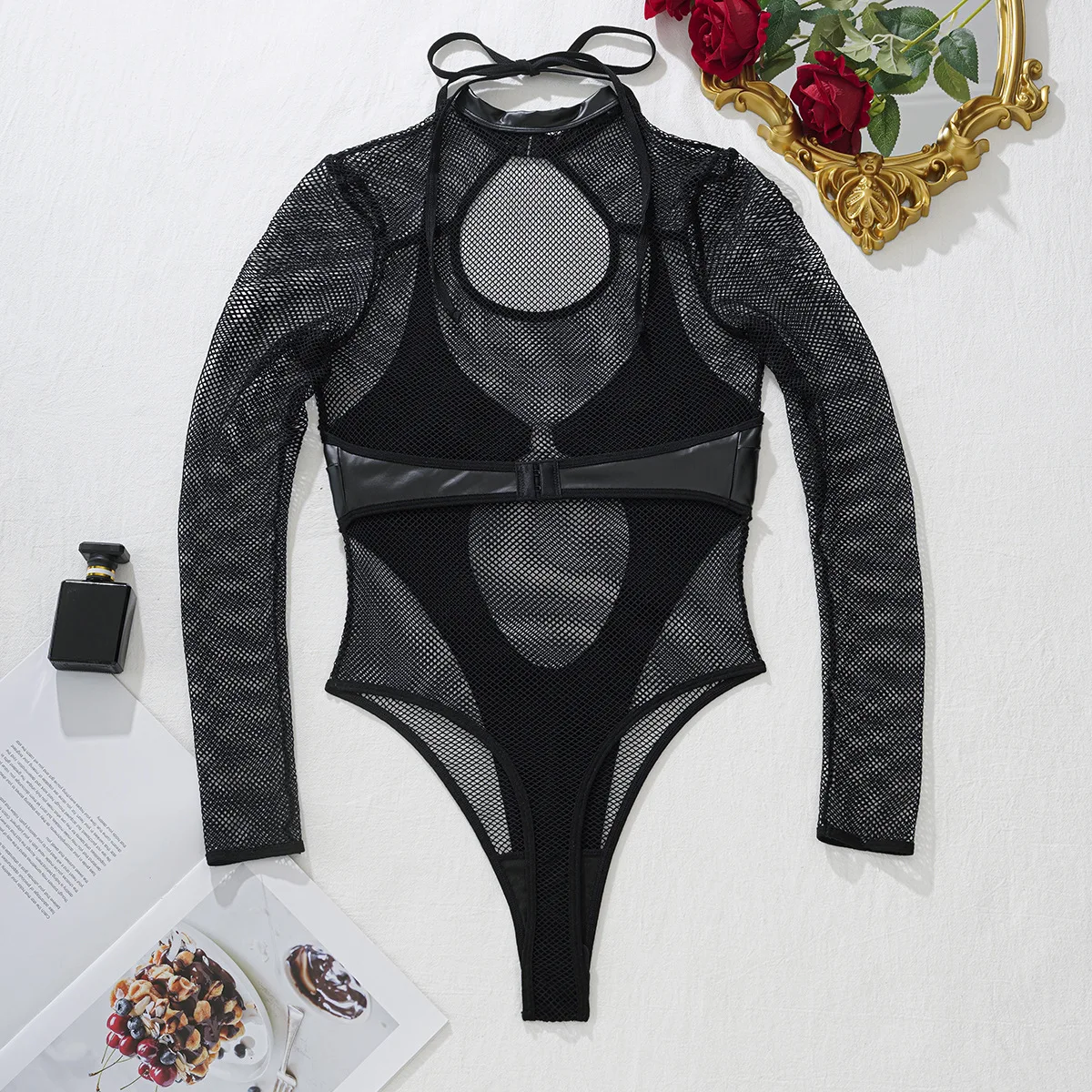 Ellolace Fetish Erotic Costume Sexy Adult Bodysuit Mesh Pu Hot Lingerie Women Crotchless Baby Dolls Ladies Latex Kinky Body