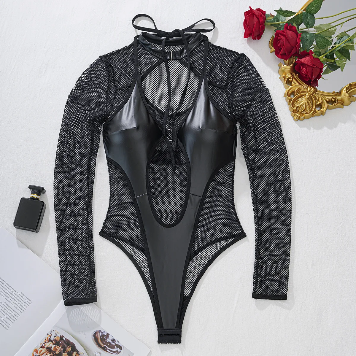 Ellolace Fetish Erotic Costume Sexy Adult Bodysuit Mesh Pu Hot Lingerie Women Crotchless Baby Dolls Ladies Latex Kinky Body