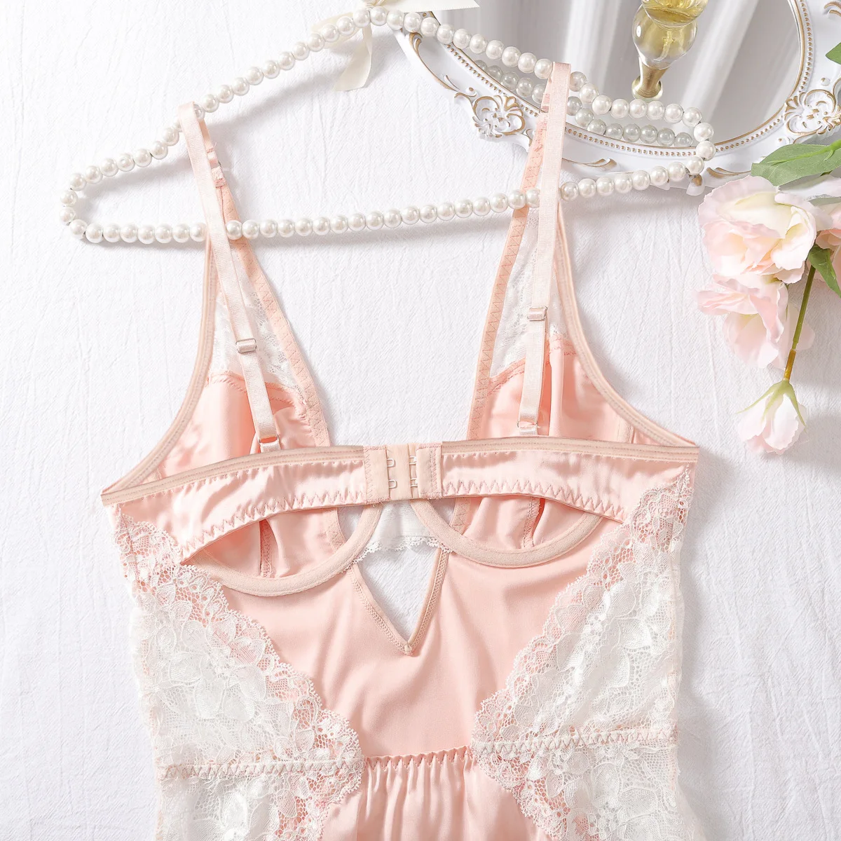 Ellolace Sexy Deep-V Neck Satin Dress Sexy Lingerie Lace Patchwork Split Sissy Night Dress Women Slip Dress Silk Nightwear