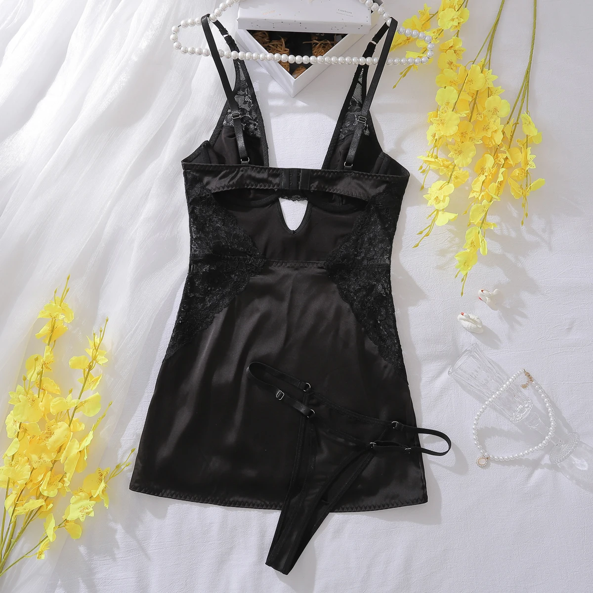 Ellolace Sexy Deep-V Neck Satin Dress Sexy Lingerie Lace Patchwork Split Sissy Night Dress Women Slip Dress Silk Nightwear