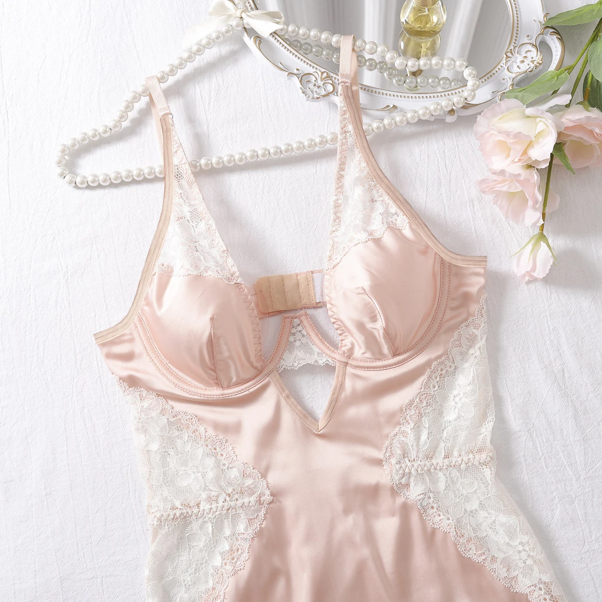 Ellolace Sexy Deep-V Neck Satin Dress Sexy Lingerie Lace Patchwork Split Sissy Night Dress Women Slip Dress Silk Nightwear