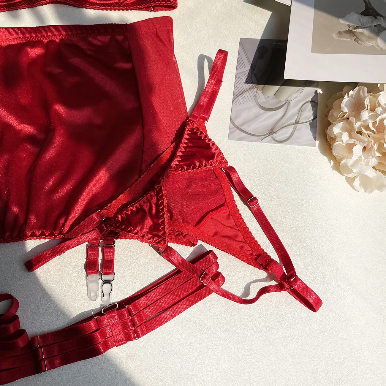 Ellolace Fine Satin Lingerie Sexy Underwear Lace 5-Piece Sissy Seamless Intimate Uncensored Skirt Fancy Bra And Panty Outfits