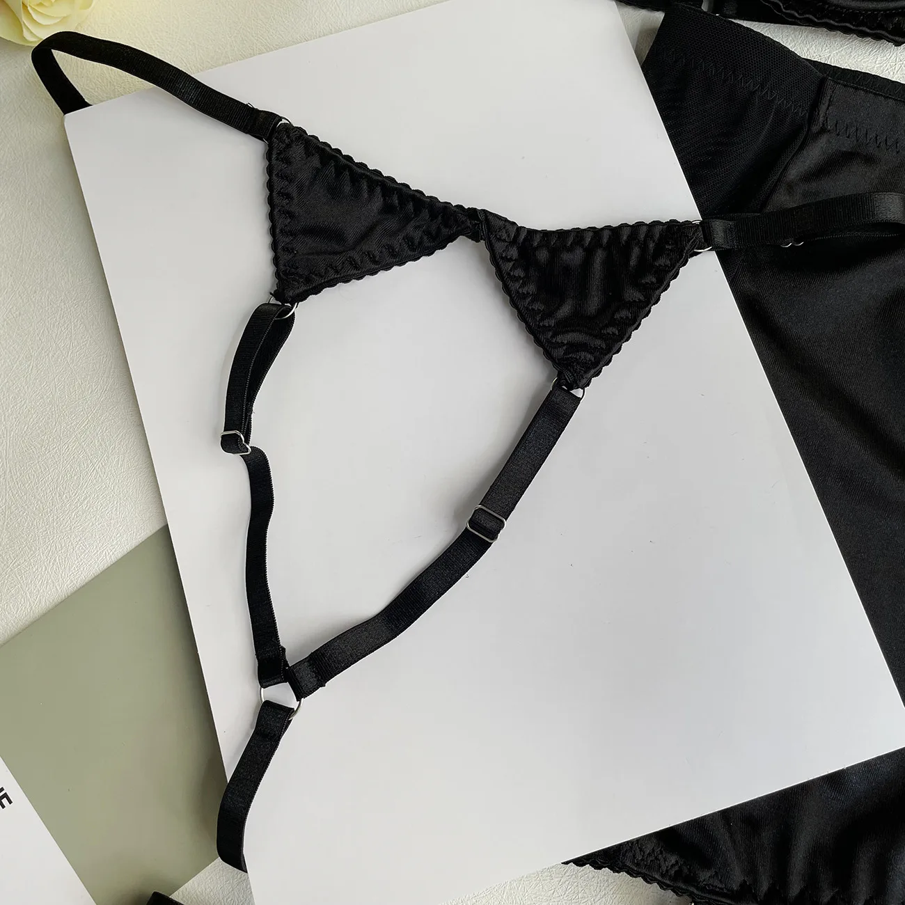 Ellolace Fine Satin Lingerie Sexy Underwear Lace 5-Piece Sissy Seamless Intimate Uncensored Skirt Fancy Bra And Panty Outfits