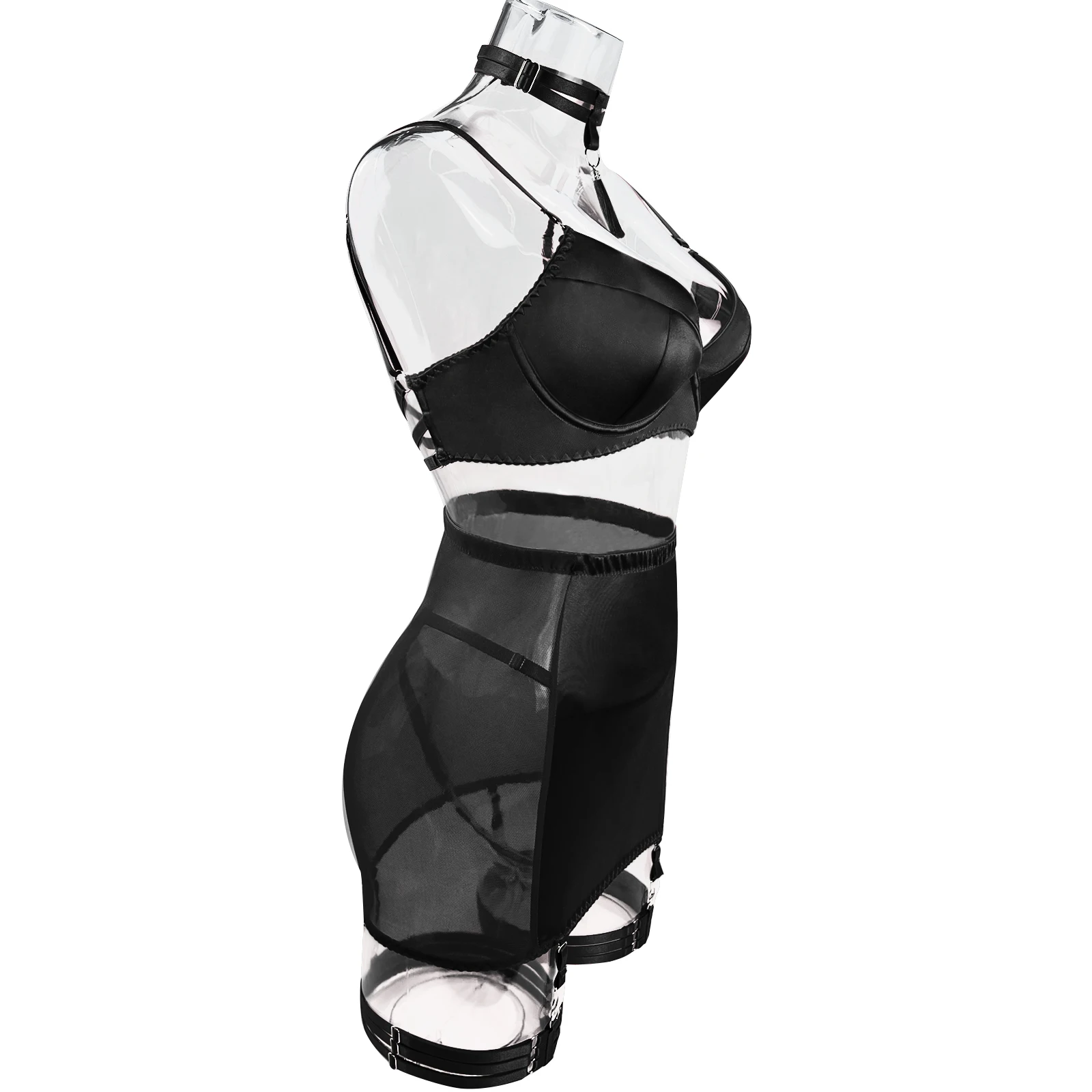 Ellolace Fine Satin Lingerie Sexy Underwear Lace 5-Piece Sissy Seamless Intimate Uncensored Skirt Fancy Bra And Panty Outfits