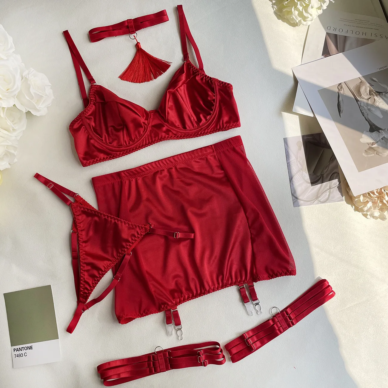 Ellolace Fine Satin Lingerie Sexy Underwear Lace 5-Piece Sissy Seamless Intimate Uncensored Skirt Fancy Bra And Panty Outfits