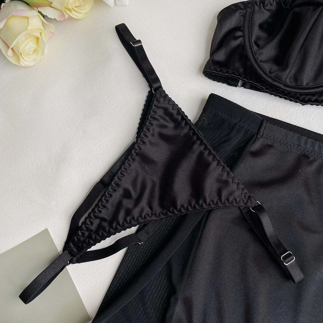 Ellolace Fine Satin Lingerie Sexy Underwear Lace 5-Piece Sissy Seamless Intimate Uncensored Skirt Fancy Bra And Panty Outfits