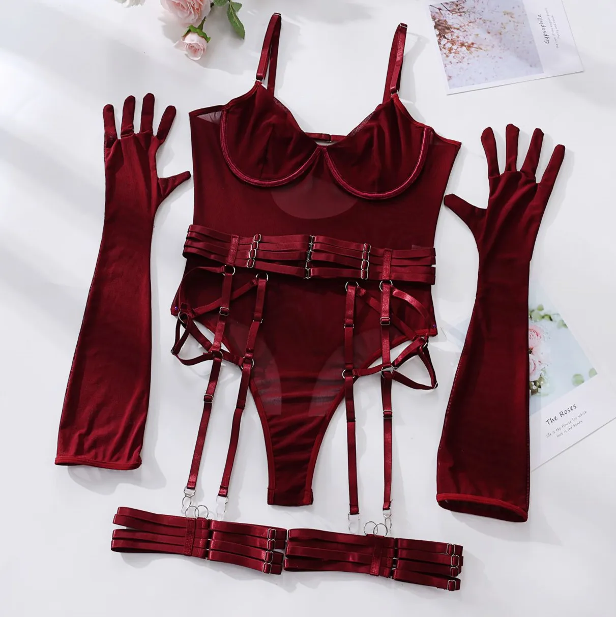 Ellolace Tight Fitting Lace Bodysuit Sexy See Through Erotic Body With Gloves Garter Night Club Outfit Sissy Crotchless Mesh Top