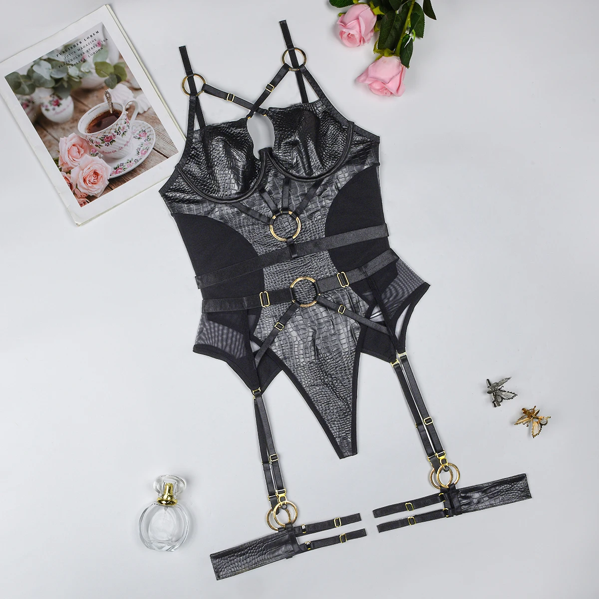 Ellolace Fetish Latex Sexy Female Lingerie Body Sexy Women Luxury Crocodile Leather Bodysuit Call Of The Night Detachable Thong