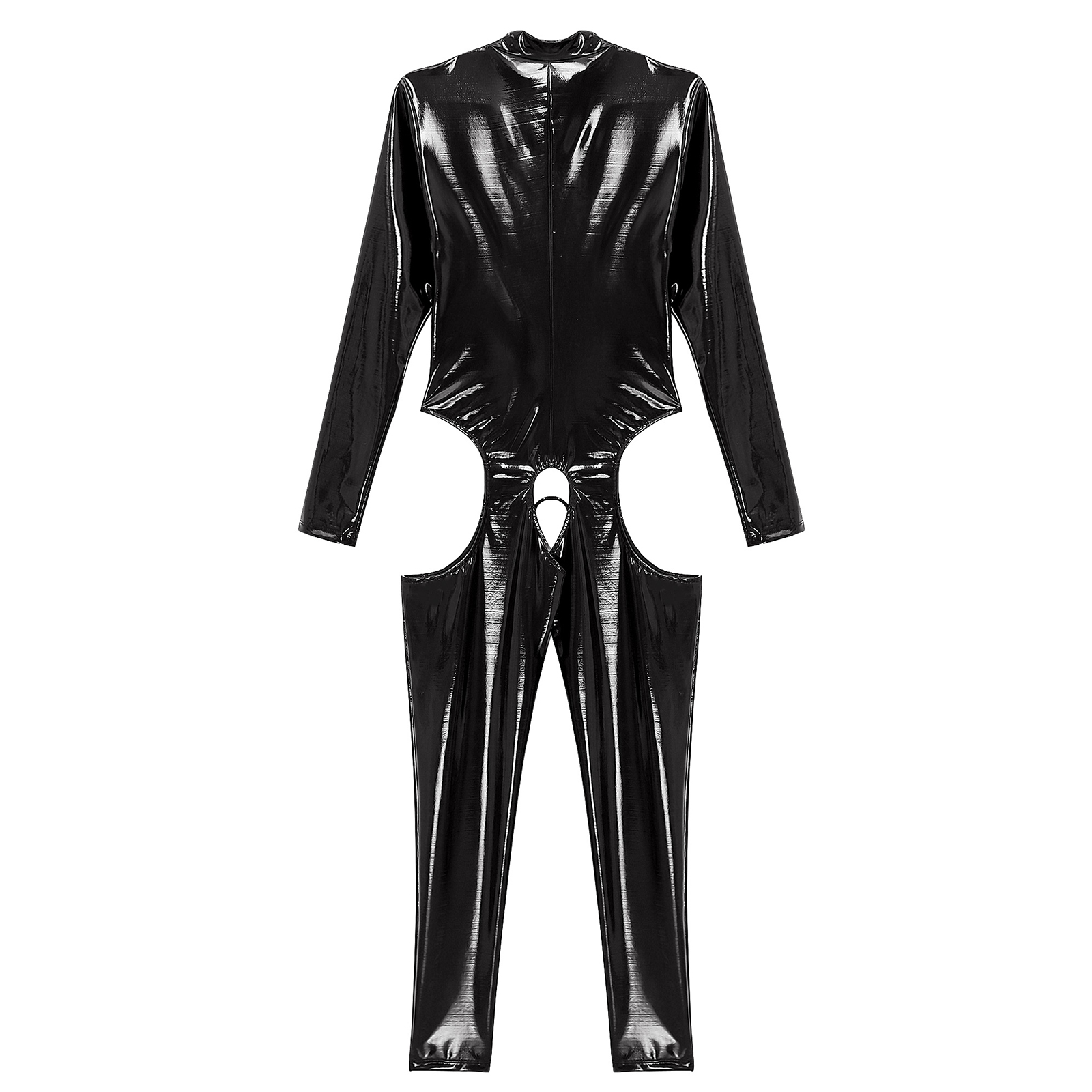 Womens Cutout Open Crotch Patent Leather Jumpsuit Zipper Stand Collar Crotchless Catsuit Long Sleeve Wet Look Bodysuit Lingerie