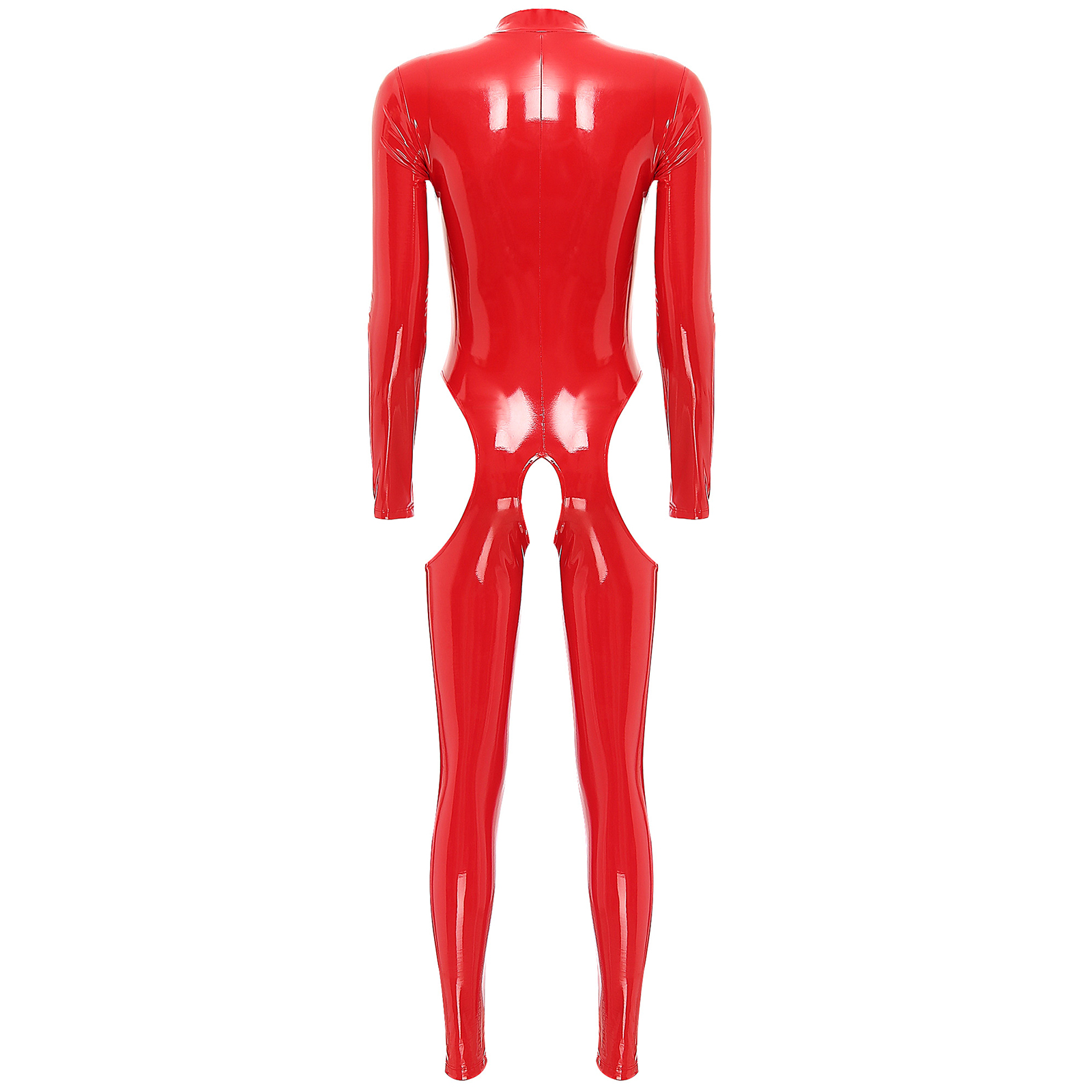 Womens Cutout Open Crotch Patent Leather Jumpsuit Zipper Stand Collar Crotchless Catsuit Long Sleeve Wet Look Bodysuit Lingerie