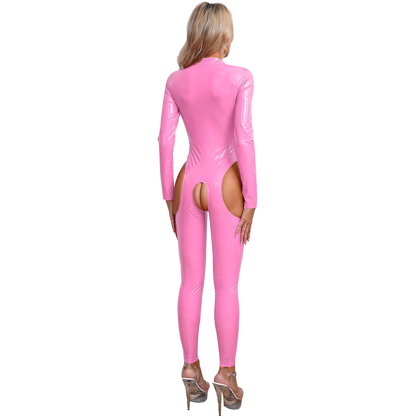 Womens Cutout Open Crotch Patent Leather Jumpsuit Zipper Stand Collar Crotchless Catsuit Long Sleeve Wet Look Bodysuit Lingerie