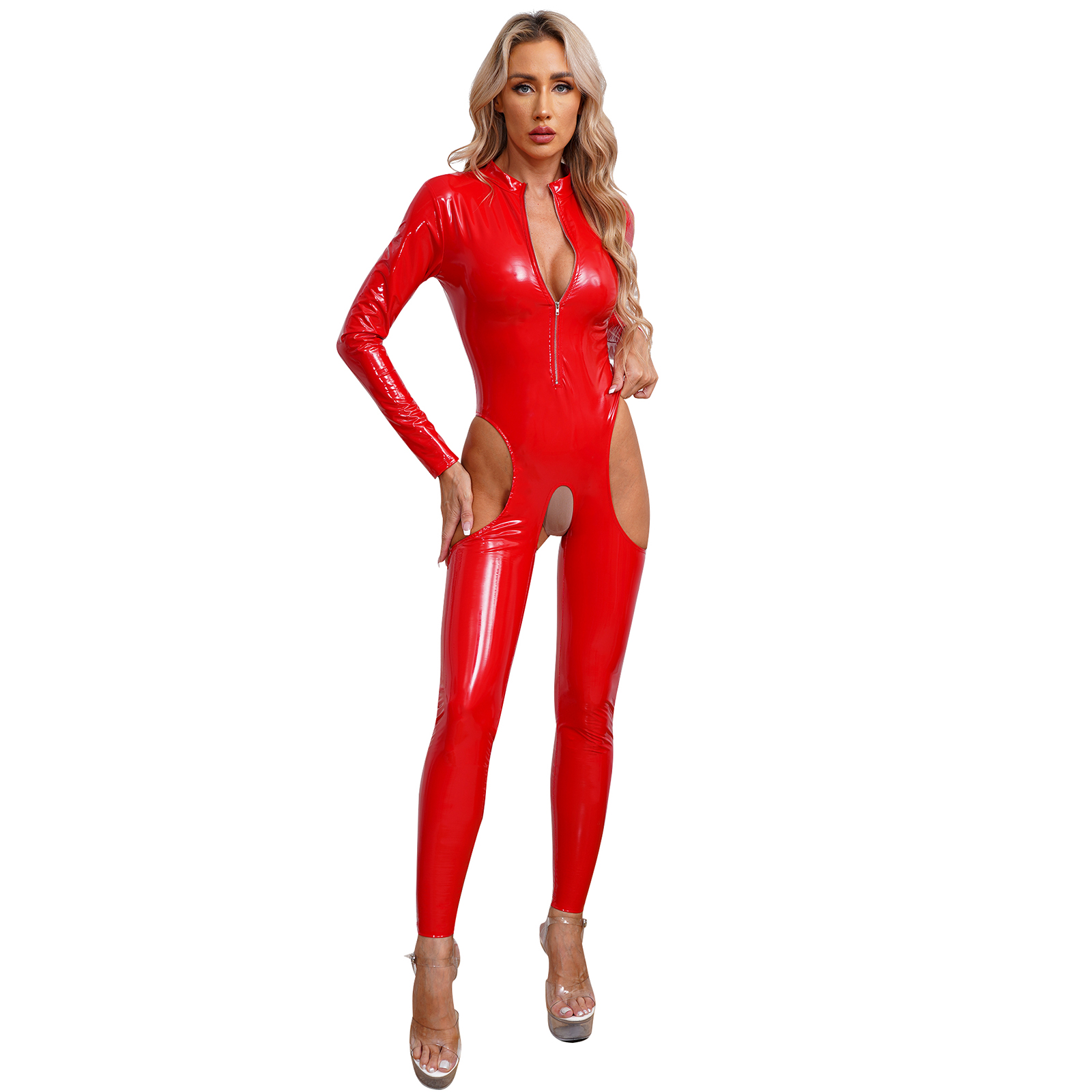 Womens Cutout Open Crotch Patent Leather Jumpsuit Zipper Stand Collar Crotchless Catsuit Long Sleeve Wet Look Bodysuit Lingerie