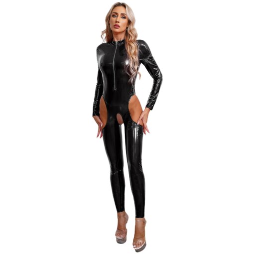 Macacão de Couro Crotchless com Zíper