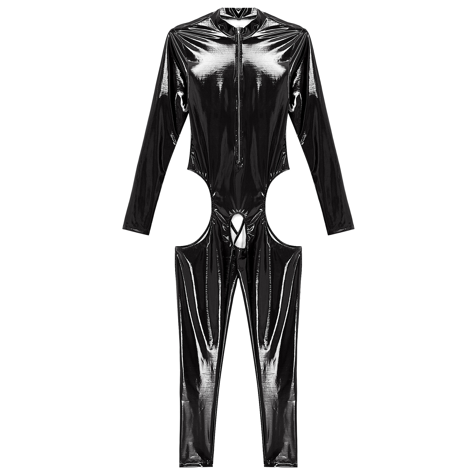 Womens Cutout Open Crotch Patent Leather Jumpsuit Zipper Stand Collar Crotchless Catsuit Long Sleeve Wet Look Bodysuit Lingerie