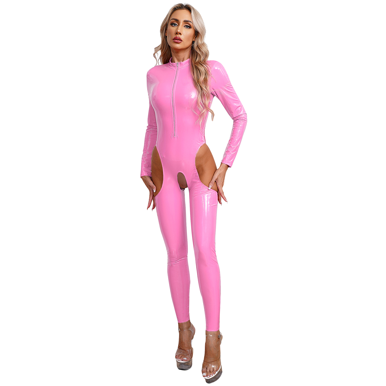 Womens Cutout Open Crotch Patent Leather Jumpsuit Zipper Stand Collar Crotchless Catsuit Long Sleeve Wet Look Bodysuit Lingerie