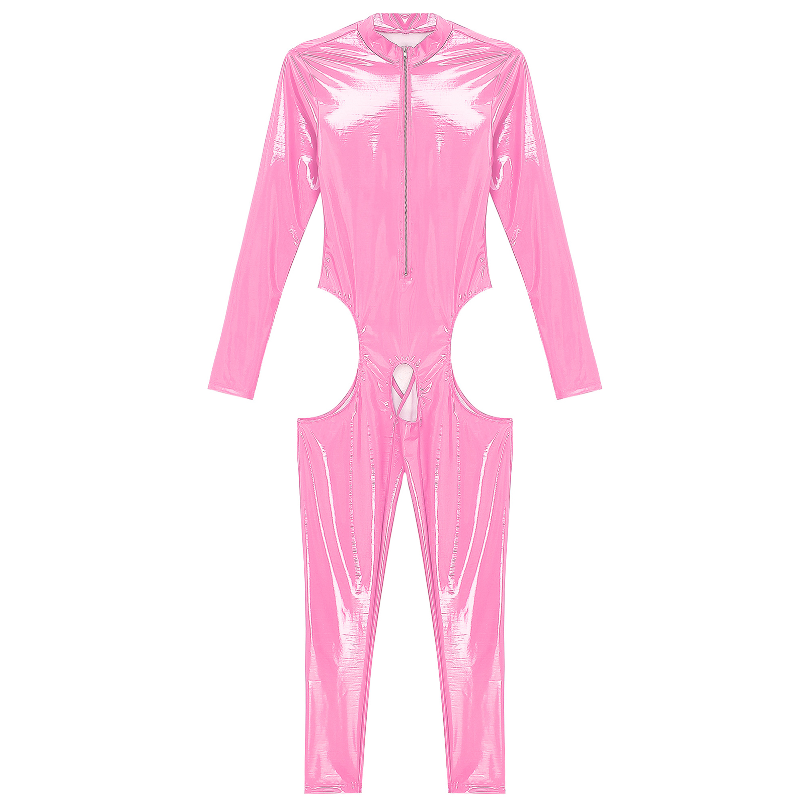 Womens Cutout Open Crotch Patent Leather Jumpsuit Zipper Stand Collar Crotchless Catsuit Long Sleeve Wet Look Bodysuit Lingerie