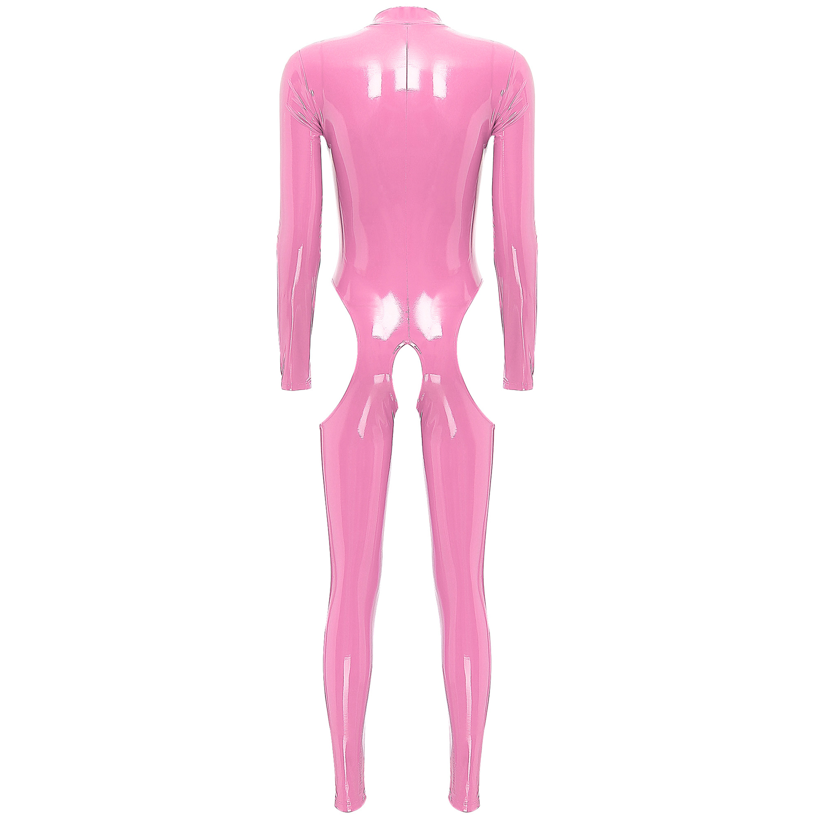 Womens Cutout Open Crotch Patent Leather Jumpsuit Zipper Stand Collar Crotchless Catsuit Long Sleeve Wet Look Bodysuit Lingerie