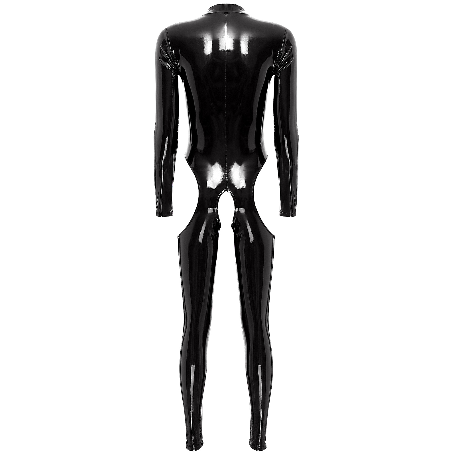Womens Cutout Open Crotch Patent Leather Jumpsuit Zipper Stand Collar Crotchless Catsuit Long Sleeve Wet Look Bodysuit Lingerie
