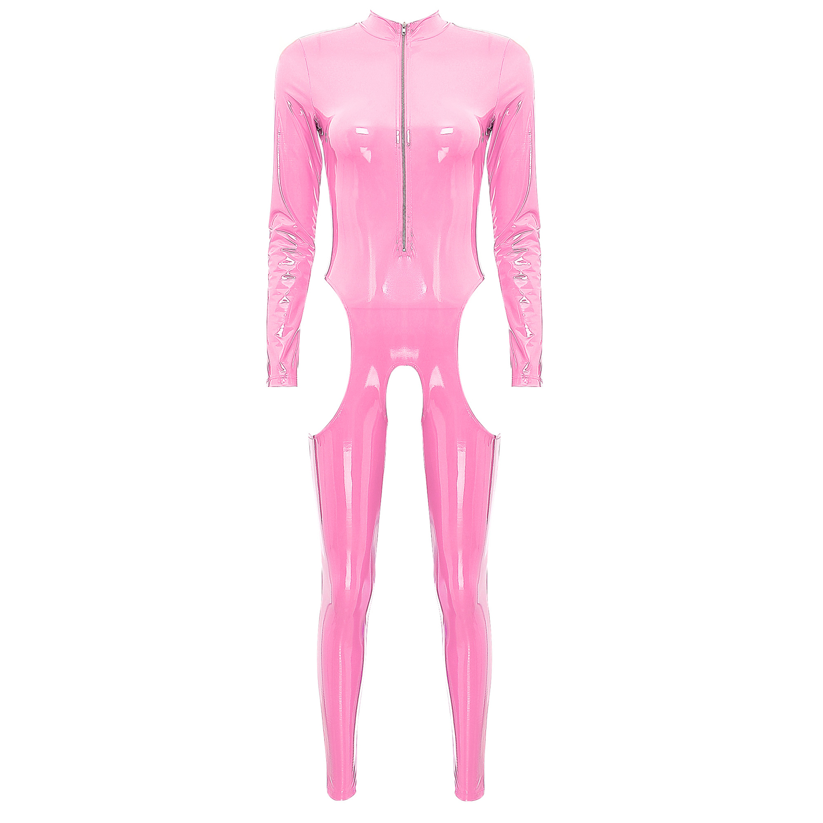 Womens Cutout Open Crotch Patent Leather Jumpsuit Zipper Stand Collar Crotchless Catsuit Long Sleeve Wet Look Bodysuit Lingerie