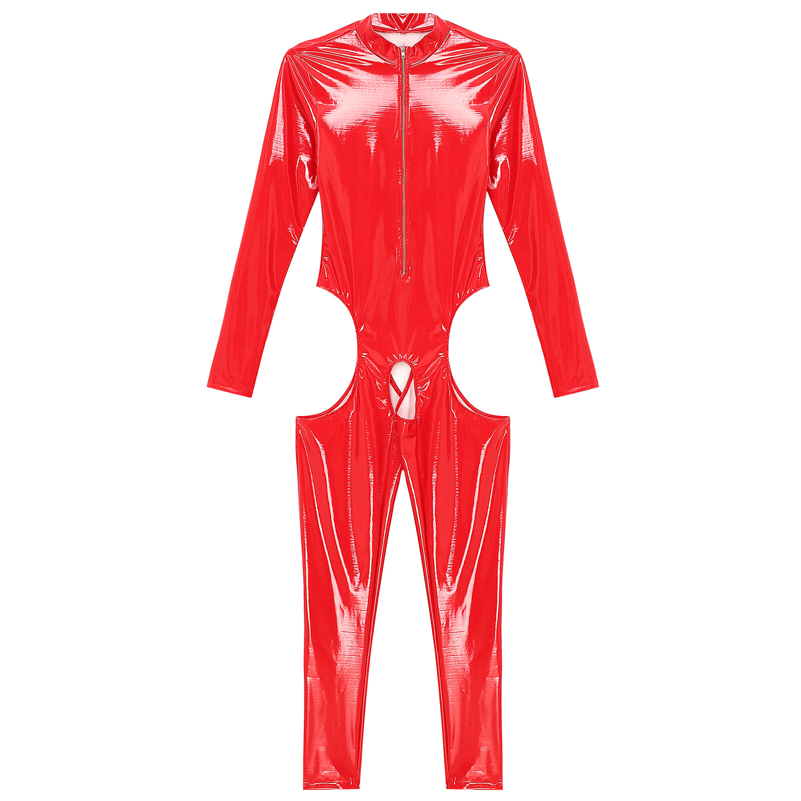Womens Cutout Open Crotch Patent Leather Jumpsuit Zipper Stand Collar Crotchless Catsuit Long Sleeve Wet Look Bodysuit Lingerie