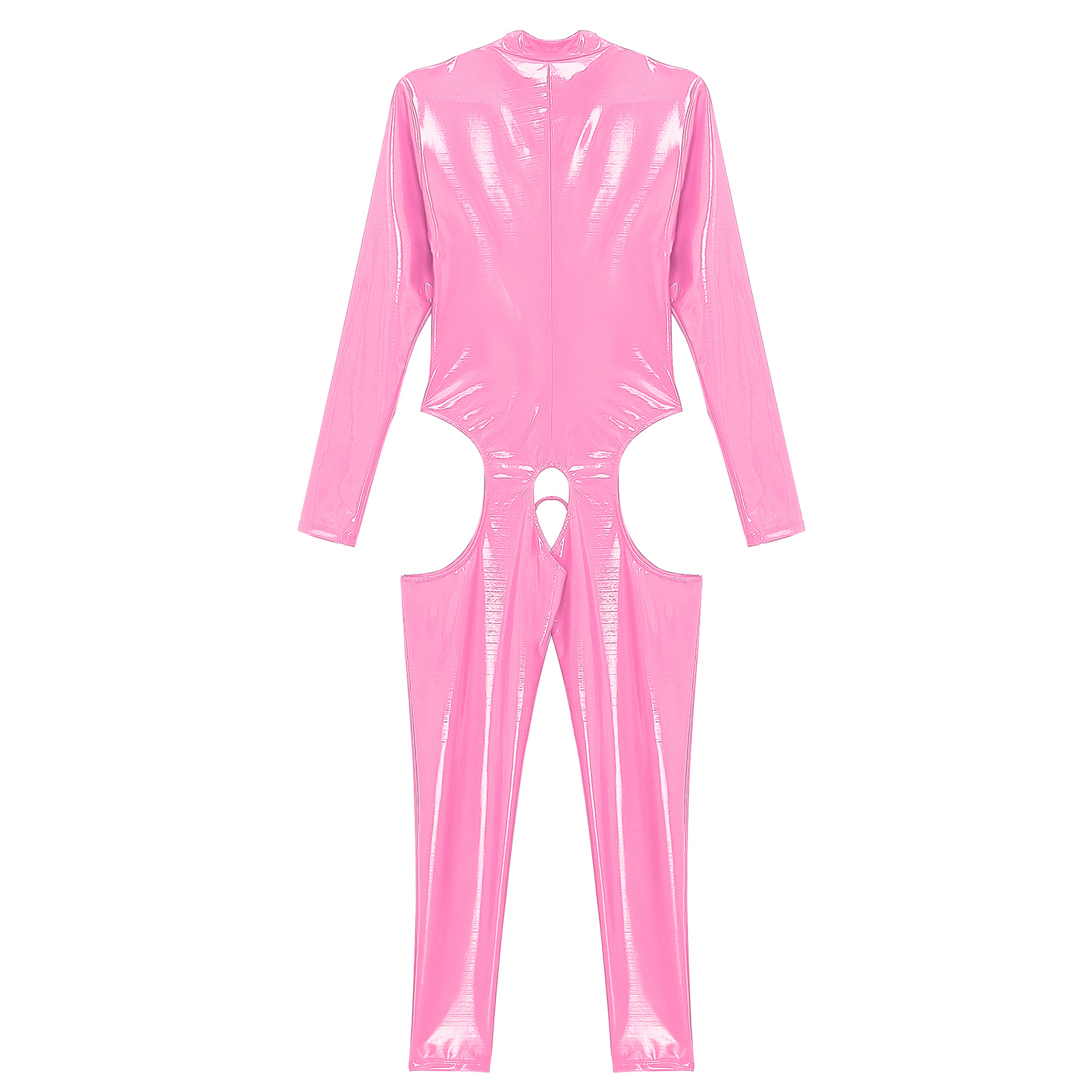 Womens Cutout Open Crotch Patent Leather Jumpsuit Zipper Stand Collar Crotchless Catsuit Long Sleeve Wet Look Bodysuit Lingerie