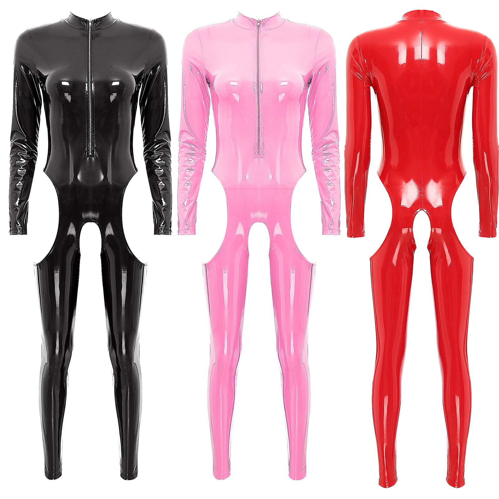 Womens Cutout Open Crotch Patent Leather Jumpsuit Zipper Stand Collar Crotchless Catsuit Long Sleeve Wet Look Bodysuit Lingerie