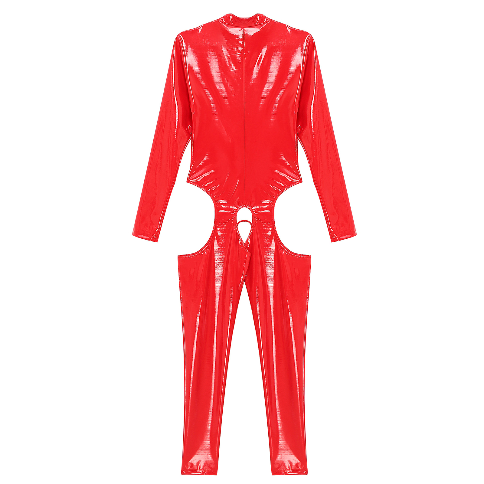 Womens Cutout Open Crotch Patent Leather Jumpsuit Zipper Stand Collar Crotchless Catsuit Long Sleeve Wet Look Bodysuit Lingerie
