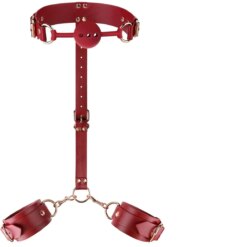 Conjunto de Imobilização BDSM com Gola, Mordaça de Bola e Algemas de Pulso | Couro Vermelho