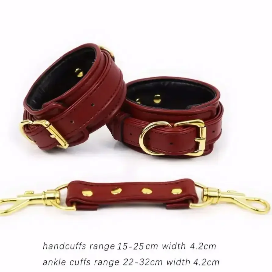 Kit Bondage de Couro Vinho com Coleira, Algemas e Tornozeleiras | Ferragem Dourada - Imagem 4