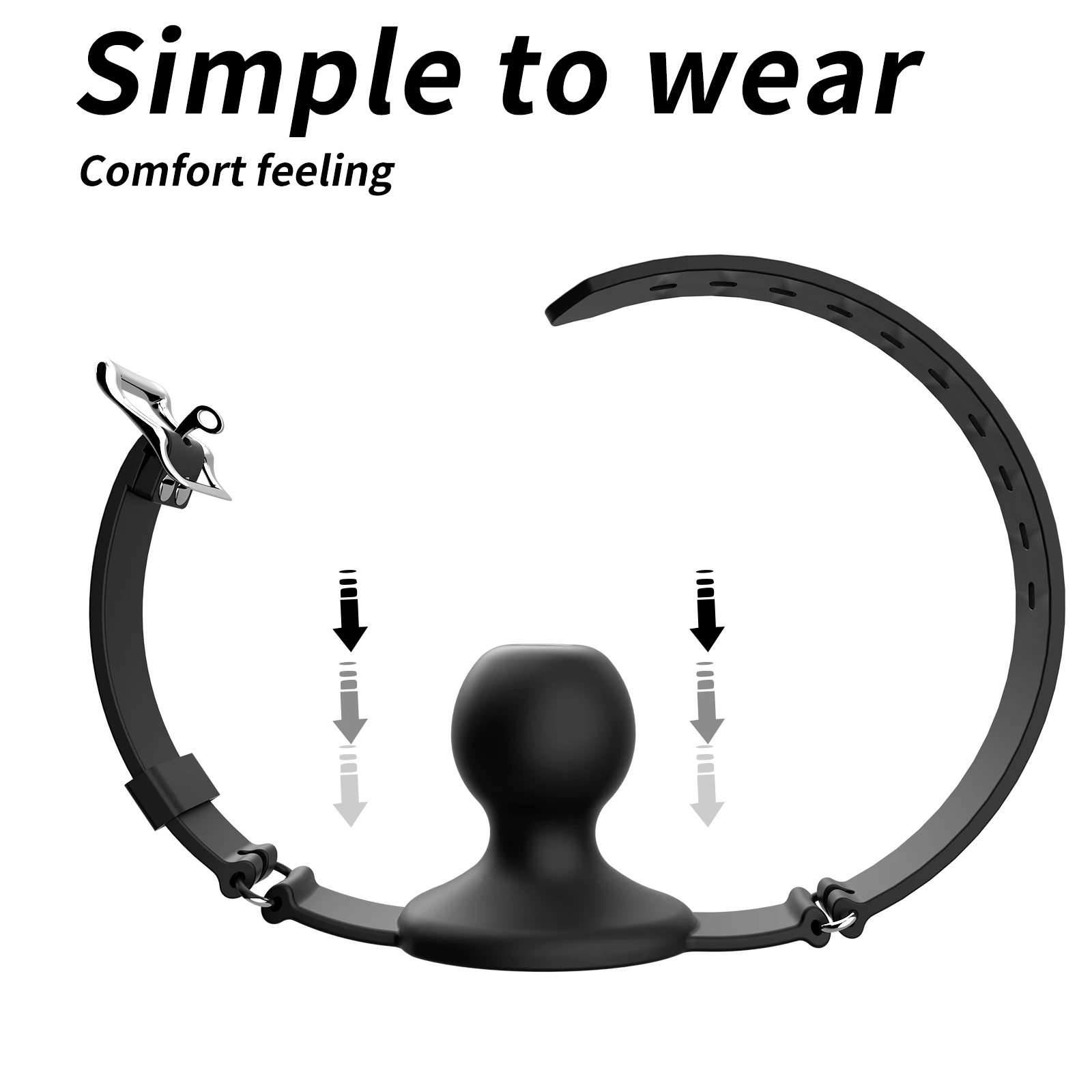 Mordaça Ball Gag Respirável de Silicone, Bola com Furo e Tira Ajustável, BDSM Preto - Imagem 3