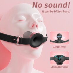 Mordaça Ball Gag Respirável de Silicone, Bola com Furo e Tira Ajustável, BDSM Preto