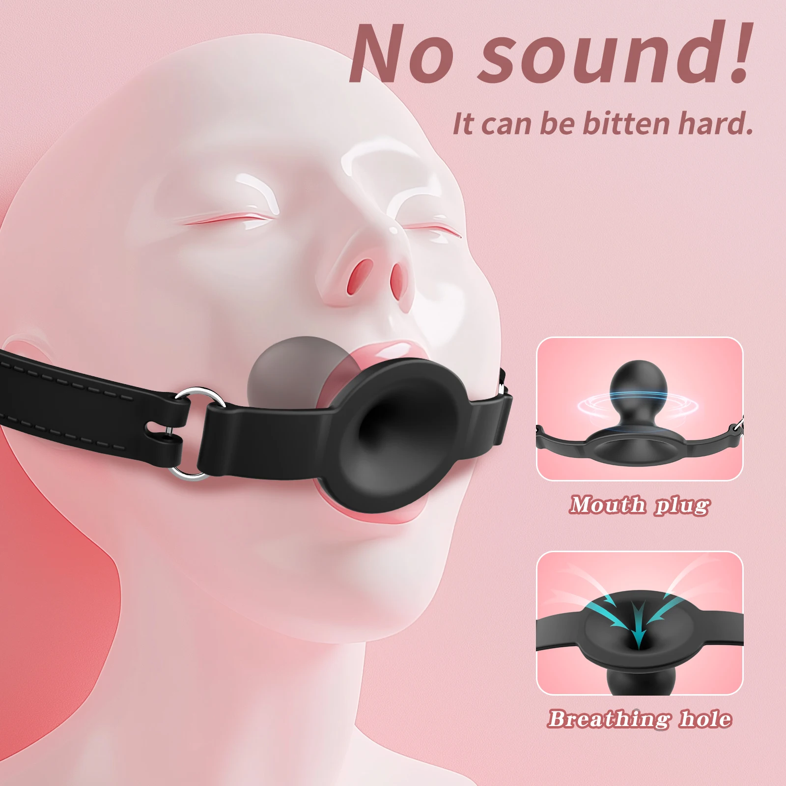 Mordaça Ball Gag Respirável de Silicone, Bola com Furo e Tira Ajustável, BDSM Preto