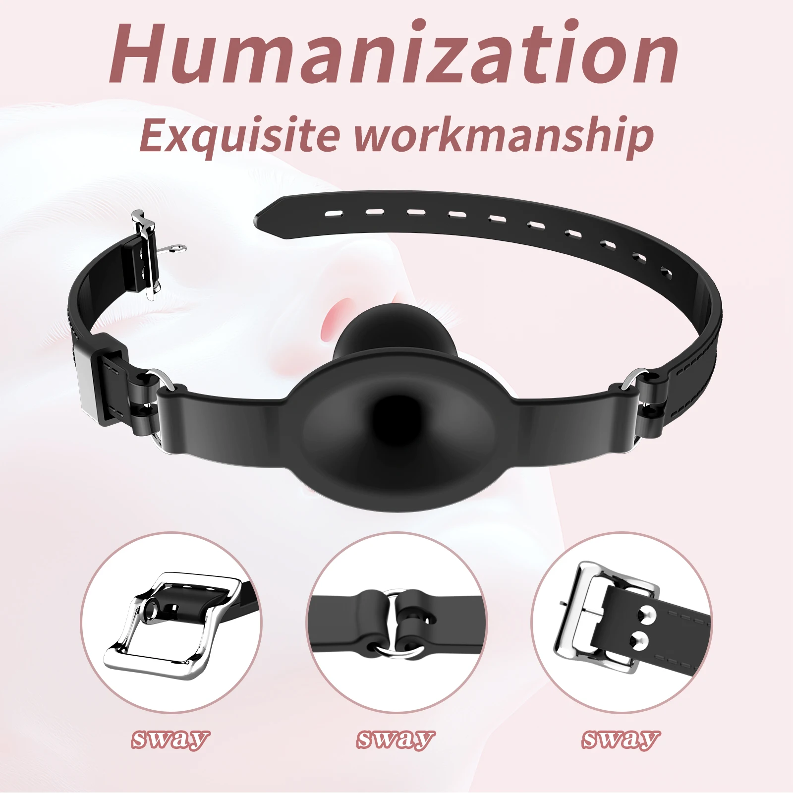Mordaça Ball Gag Respirável de Silicone, Bola com Furo e Tira Ajustável, BDSM Preto - Imagem 2
