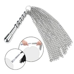 Chicote Flogger BDSM 2 em 1 com Cabo Plug Anal de Metal, Franjas de Corrente ou Couro, Prata ou Preto