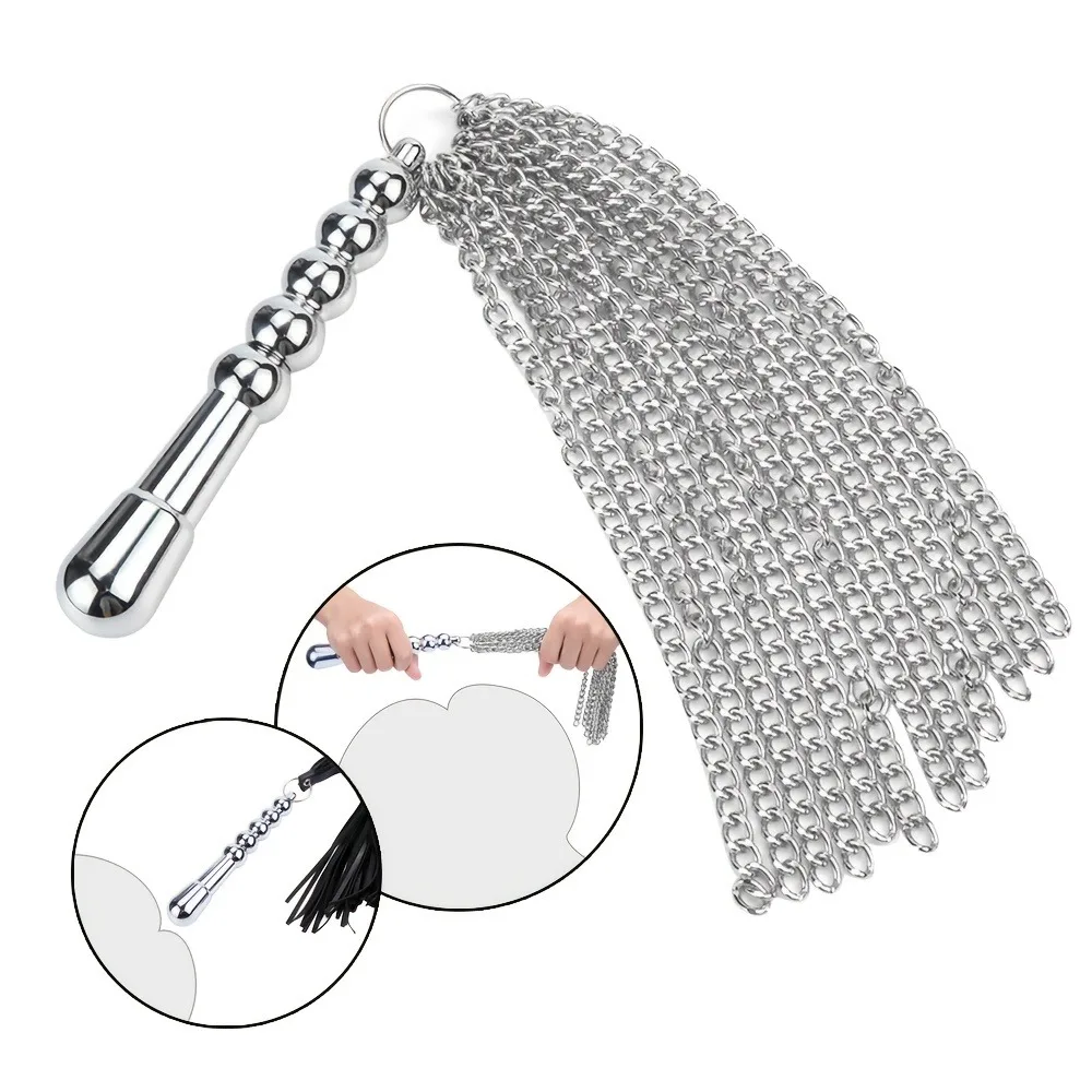 Chicote Flogger BDSM 2 em 1 com Cabo Plug Anal de Metal, Franjas de Corrente ou Couro, Prata ou Preto