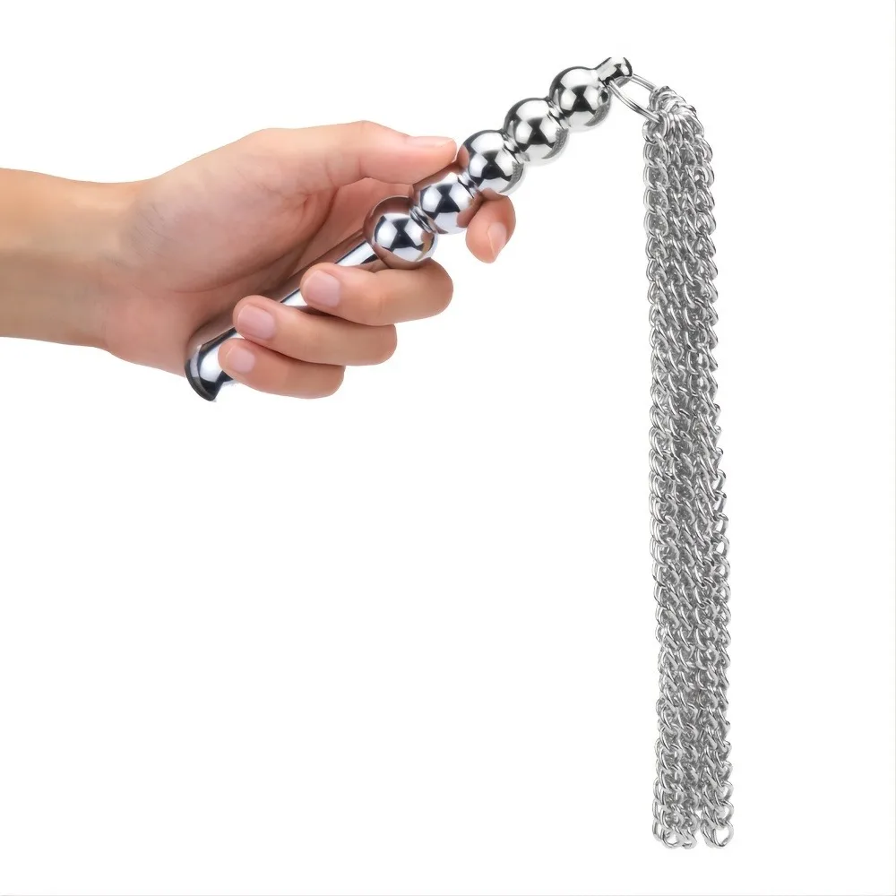 Chicote Flogger BDSM 2 em 1 com Cabo Plug Anal de Metal, Franjas de Corrente ou Couro, Prata ou Preto - Imagem 3