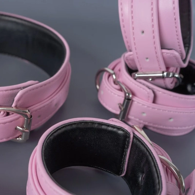 Pink Bondage Set Restraints Kit Leather Bondage Sex Toy for Women Couple Handcuffs Ankle Cuffs Collar Leash Erotic Training Game