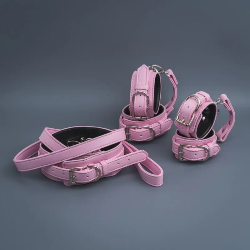 Pink Bondage Set Restraints Kit Leather Bondage Sex Toy for Women Couple Handcuffs Ankle Cuffs Collar Leash Erotic Training Game